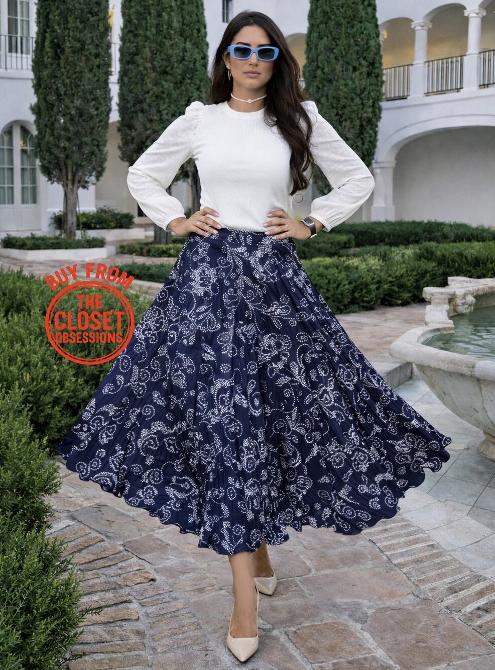 Zara NWT Navy Blue Paisley Pleated High Waist Flowy Midi Skirt M
